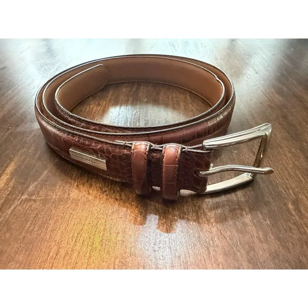 Polo Ralph Lauren Belt Mens 42 Italian Leather Croc Embossed Brown Silver Buckle